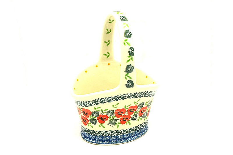 Ceramika Artystyczna Polish Pottery Basket - Small Hand - Red Pansy A30-2538a (Ceramika Artystyczna)