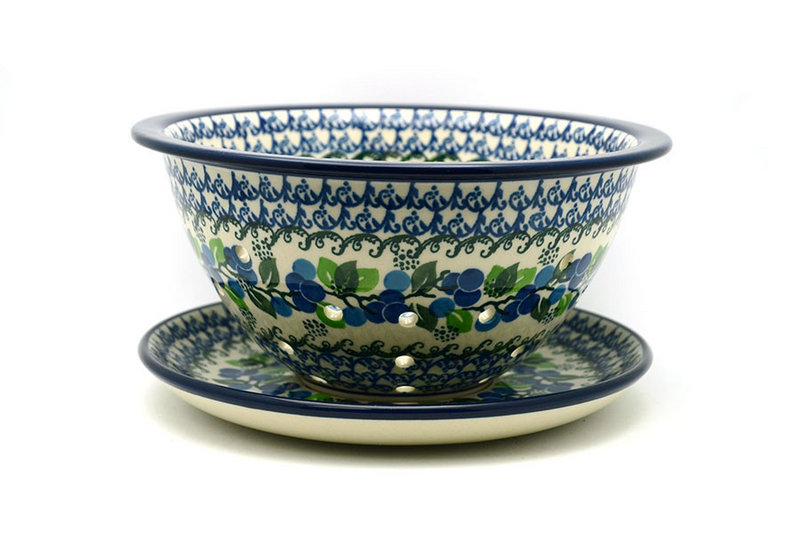 Polish Pottery Berry Bowl with Saucer - Blue Berries