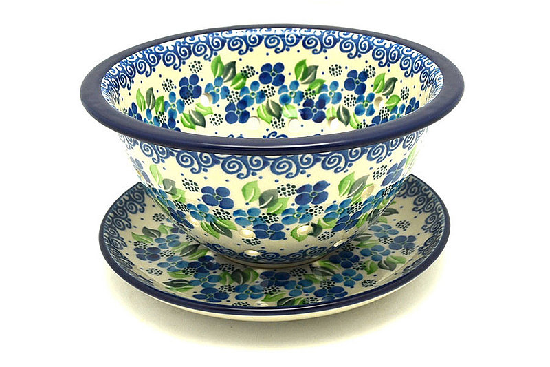 Polish Pottery Berry Bowl with Saucer - Blue Phlox