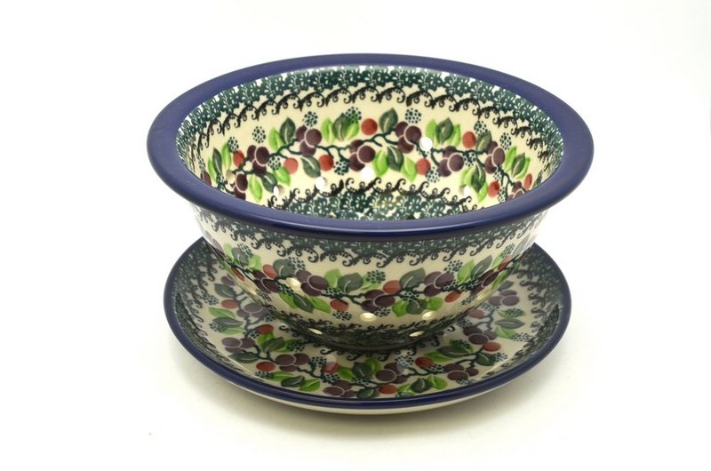 Ceramika Artystyczna Polish Pottery Berry Bowl with Saucer - Burgundy Berry Green 470-1415a (Ceramika Artystyczna)