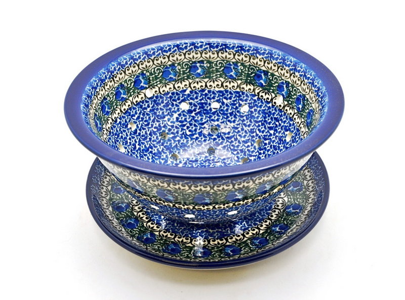 Polish Pottery Berry Bowl with Saucer - Peacock Feather