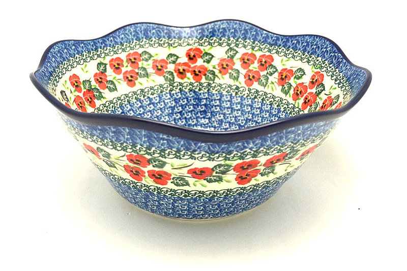 Ceramika Artystyczna Polish Pottery Bowl - Curvy Edge - 10" - Red Pansy 692-2538a (Ceramika Artystyczna)
