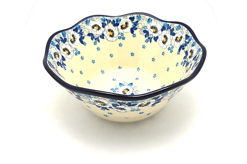 Polish Pottery Bowl - Curvy Edge - 8" - White Poppy