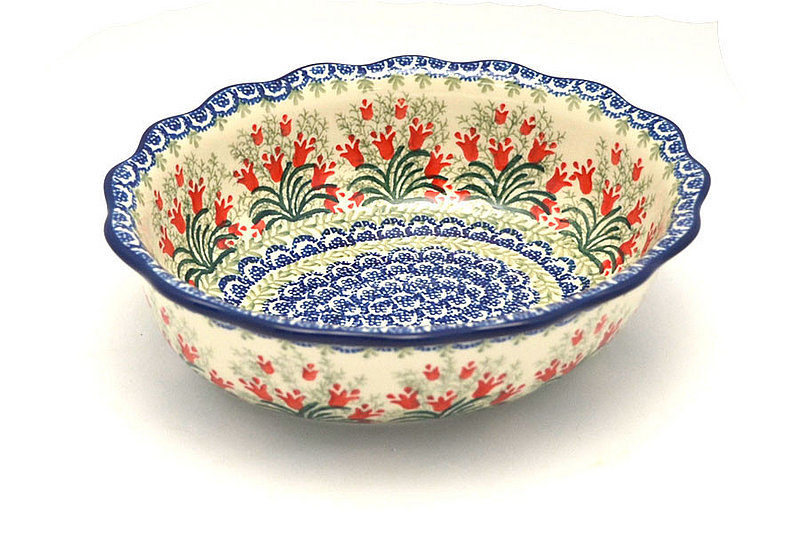 Ceramika Artystyczna Polish Pottery Bowl - Fluted Oval - Crimson Bells D78-1437a (Ceramika Artystyczna)