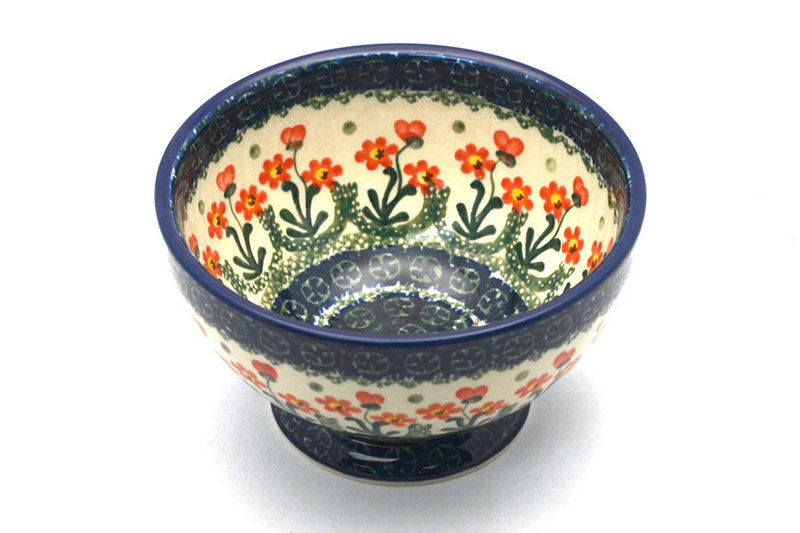 Polish Pottery Bowl - Pedestal - Small - Peach Spring Daisy