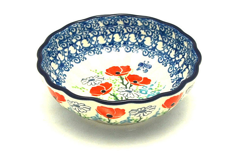 Ceramika Artystyczna Polish Pottery Bowl - Shallow Scalloped - Small - Red Poppy Garden 023-2901a (Ceramika Artystyczna )