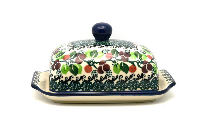 Ceramika Artystyczna Polish Pottery Butter Dish - Burgundy Berry Green 295-1415a (Ceramika Artystyczna)