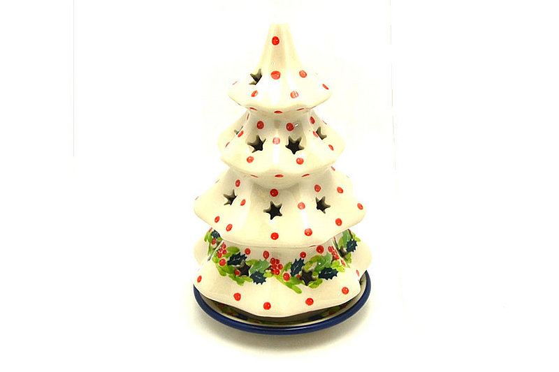 Ceramika Artystyczna Polish Pottery Christmas Tree Luminarz - Large (8") - Christmas Holly 602-2541a (Ceramika Artystyczna)