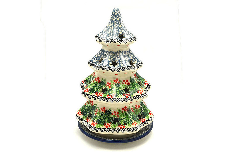 Polish Pottery Christmas Tree Luminarz - Large (8") - Holly Berry