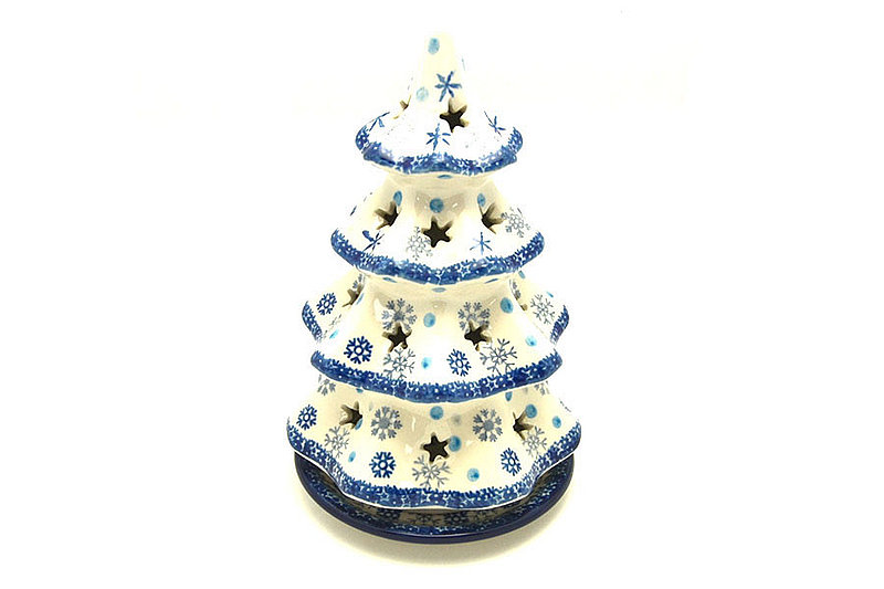 Ceramika Artystyczna Polish Pottery Christmas Tree Luminarz - Large (8") - Silver Snow 602-2974a (Ceramika Artystyczna)
