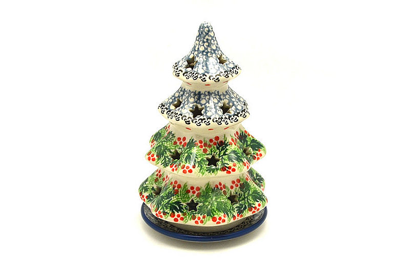 Ceramika Artystyczna Polish Pottery Christmas Tree Luminarz - Medium (7") - Holly Berry 513-1734a (Ceramika Artystyczna)