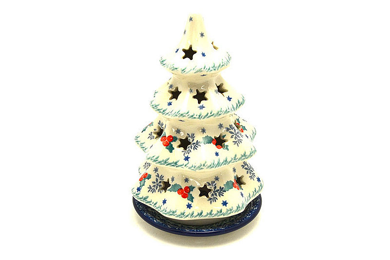 Ceramika Artystyczna Polish Pottery Christmas Tree Luminarz - Medium (7") - Winter Holly 513-2973a (Ceramika Artystyczna)