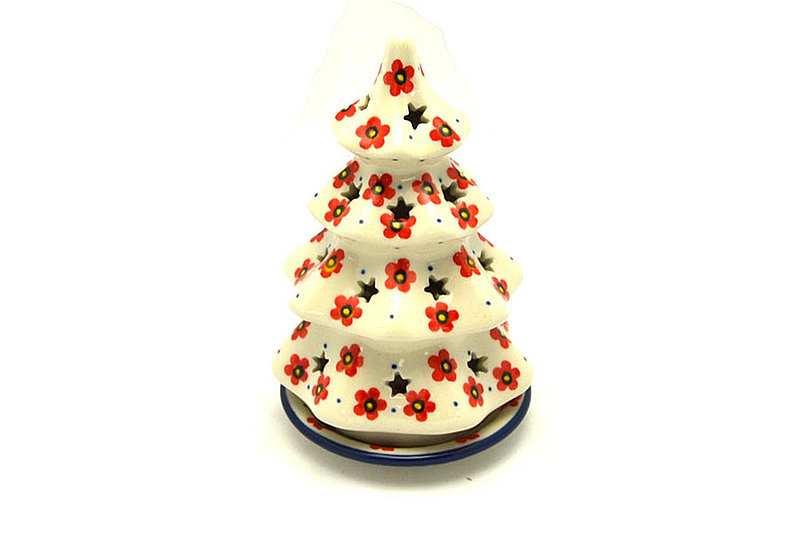 Polish Pottery Christmas Tree Luminarz - Small (6") - Coral Posies