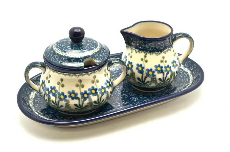 Polish Pottery Cream & Sugar Set - Blue Spring Daisy