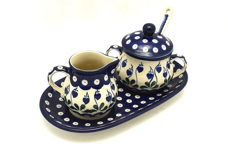 Ceramika Artystyczna Polish Pottery Cream & Sugar Set with Sugar Spoon - Bleeding Heart S42-377o (Ceramika Artystyczna)