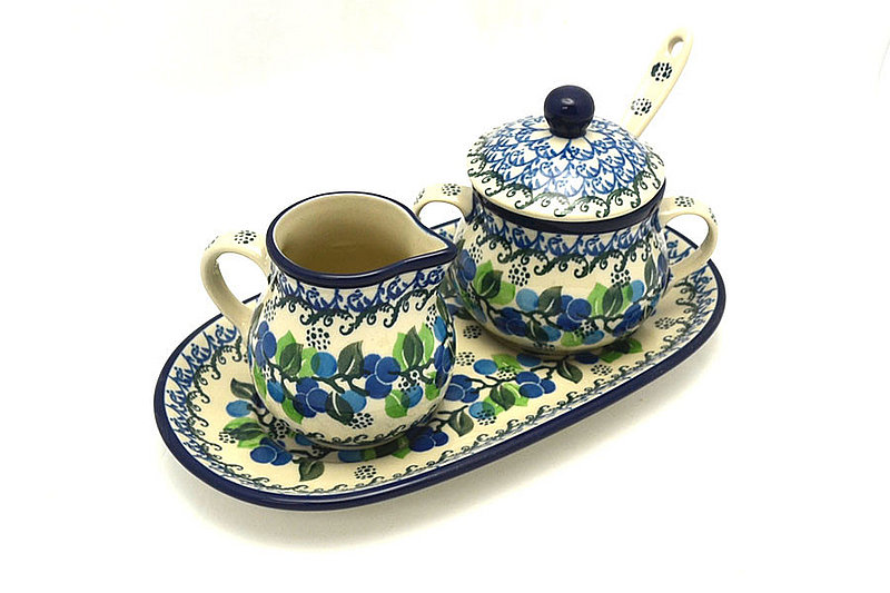 Ceramika Artystyczna Polish Pottery Cream & Sugar Set with Sugar Spoon - Blue Berries S42-1416a (Ceramika Artystyczna)