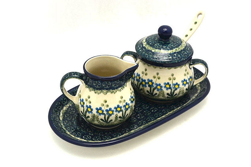 Ceramika Artystyczna Polish Pottery Cream & Sugar Set with Sugar Spoon - Blue Spring Daisy S42-614a (Ceramika Artystyczna)