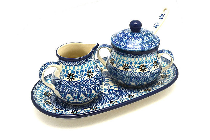 Ceramika Artystyczna Polish Pottery Cream & Sugar Set with Sugar Spoon - Blue Yonder S42-2187a (Ceramika Artystyczna)