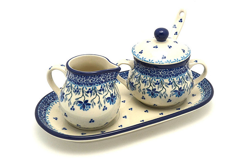Ceramika Artystyczna Polish Pottery Cream & Sugar Set with Sugar Spoon - Clover Field S42-2524a (Ceramika Artystyczna)