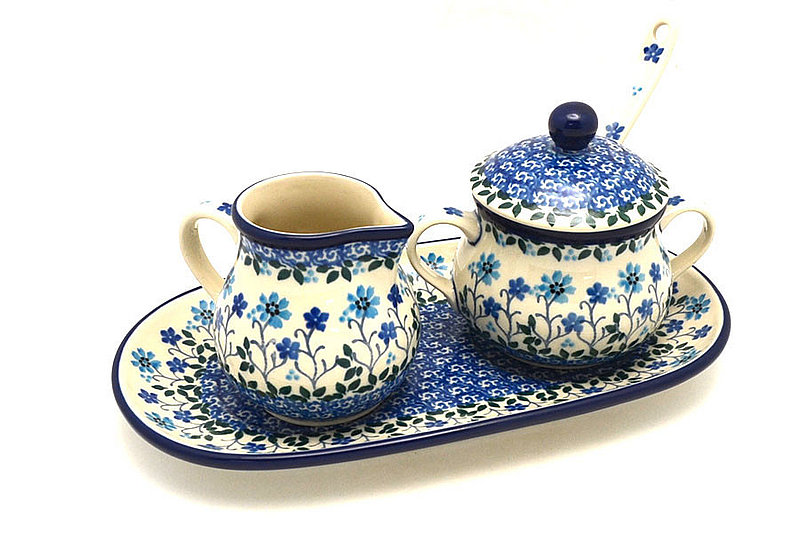 Ceramika Artystyczna Polish Pottery Cream & Sugar Set with Sugar Spoon - Georgia Blue S42-2785a (Ceramika Artystyczna)