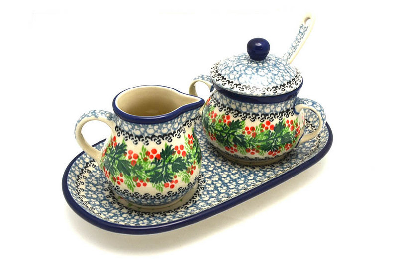 Ceramika Artystyczna Polish Pottery Cream & Sugar Set with Sugar Spoon - Holly Berry S42-1734a (Ceramika Artystyczna)