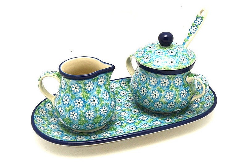 Ceramika Artystyczna Polish Pottery Cream & Sugar Set with Sugar Spoon - Key Lime S42-2252a (Ceramika Artystyczna)