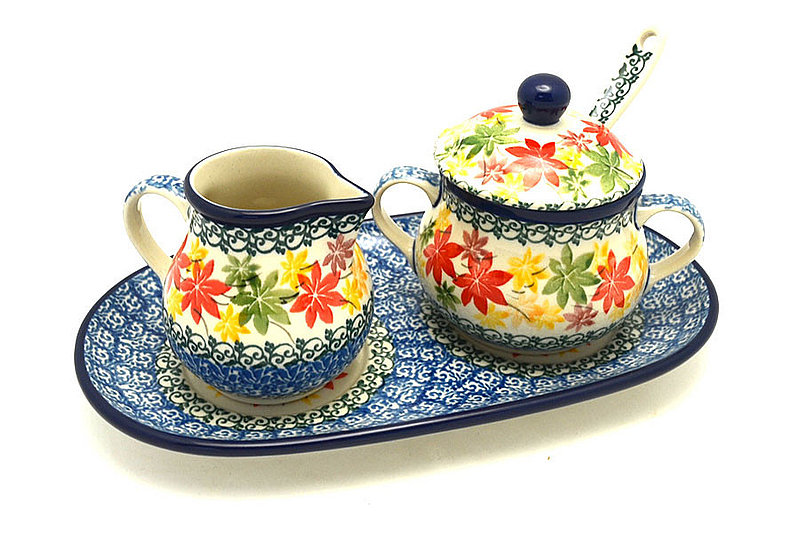Ceramika Artystyczna Polish Pottery Cream & Sugar Set with Sugar Spoon - Maple Harvest S42-2533a (Ceramika Artystyczna)
