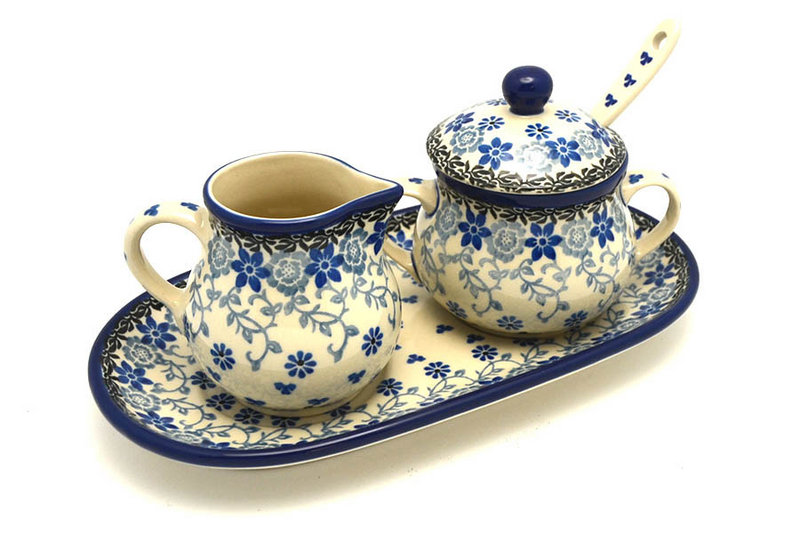 Ceramika Artystyczna Polish Pottery Cream & Sugar Set with Sugar Spoon - Silver Lace S42-2158a (Ceramika Artystyczna)