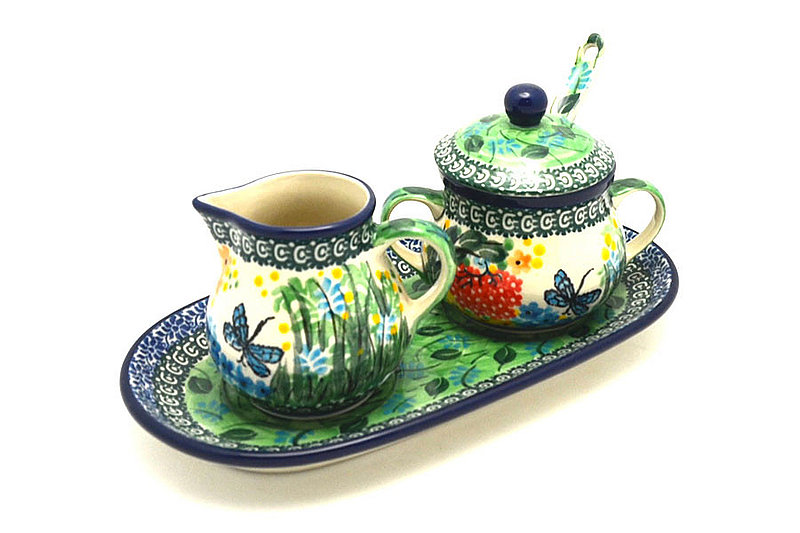 Polish Pottery Cream & Sugar Set with Sugar Spoon Unikat Signature