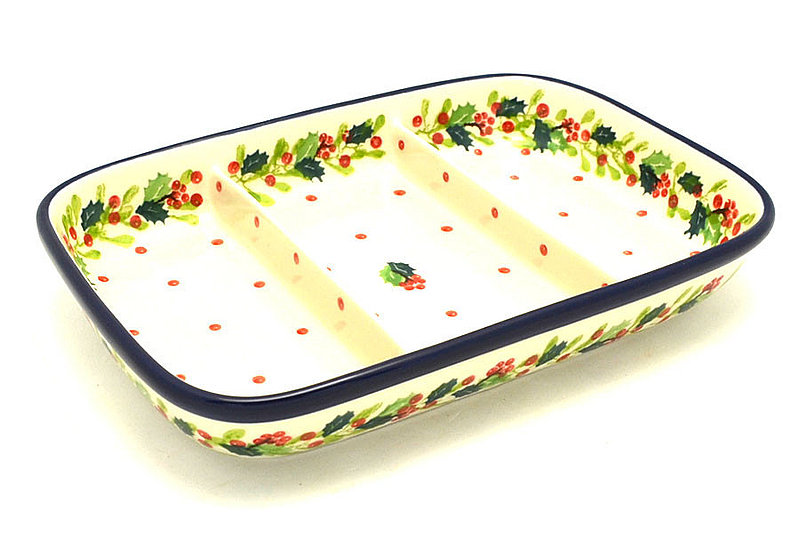 Ceramika Artystyczna Polish Pottery Dish - Divided Rectangular - Christmas Holly 393-2541a (Ceramika Artystyczna)