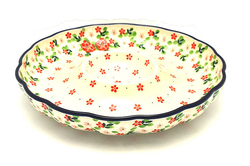 Ceramika Artystyczna Polish Pottery Dish - Vegetable and Dip - 10" - Ruby Bouquet A22-2352a (Ceramika Artystyczna)