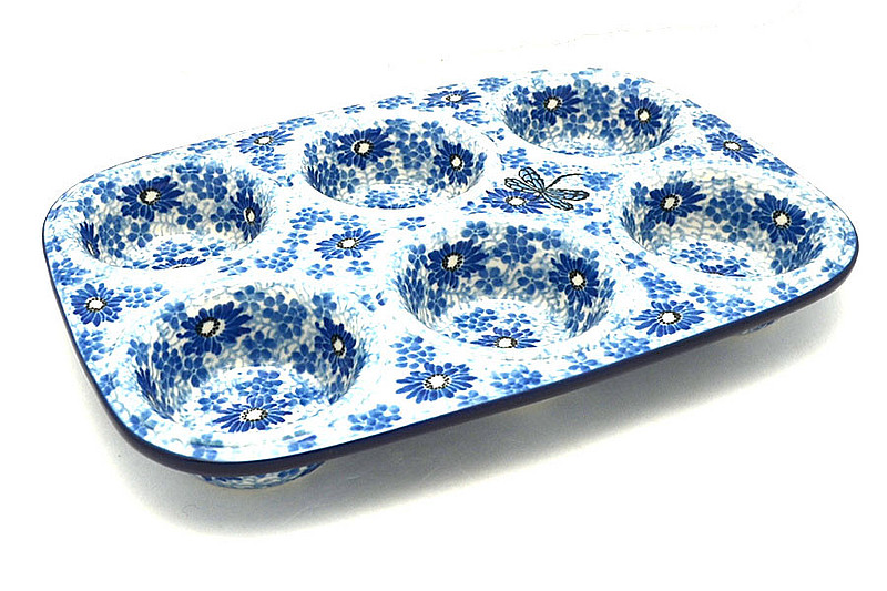 Ceramika Artystyczna Polish Pottery Muffin Pan - Blue Dragonfly 811-2999a (Ceramika Artystyczna)