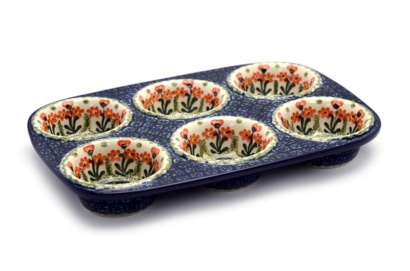 Ceramika Artystyczna Polish Pottery Muffin Pan - Peach Spring Daisy 811-560a (Ceramika Artystyczna)