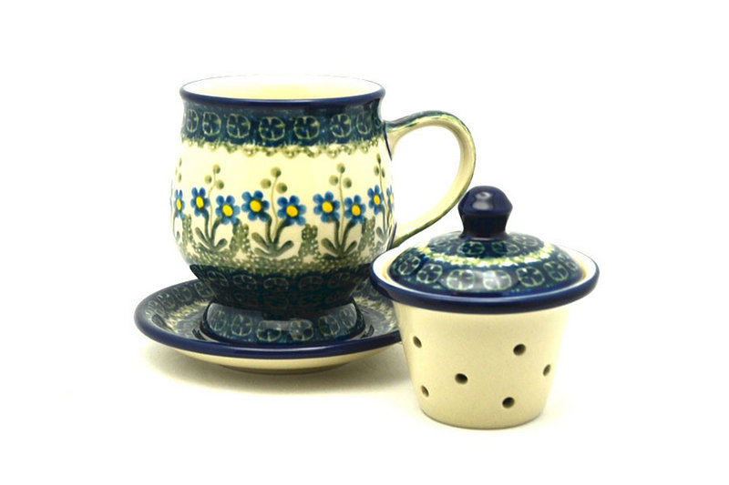Polish Pottery Mug - with Infuser - Blue Spring Daisy