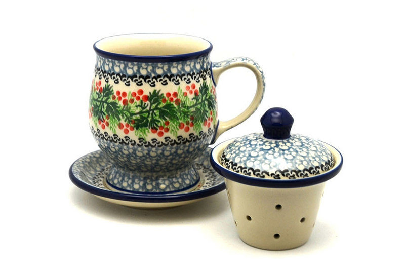 Polish Pottery Mug - with Infuser - Holly Berry