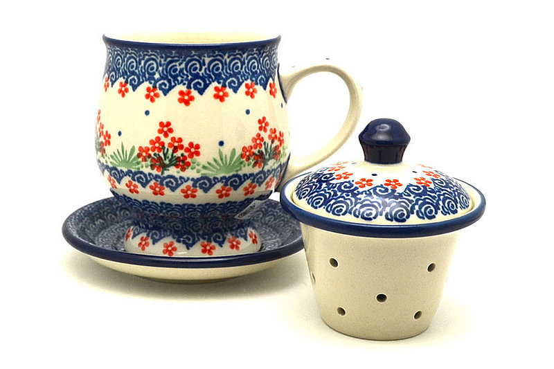 Ceramika Artystyczna Polish Pottery Mug - with Infuser - Red Daisy Bouquet 122-3223a (Ceramika Artystyczna)