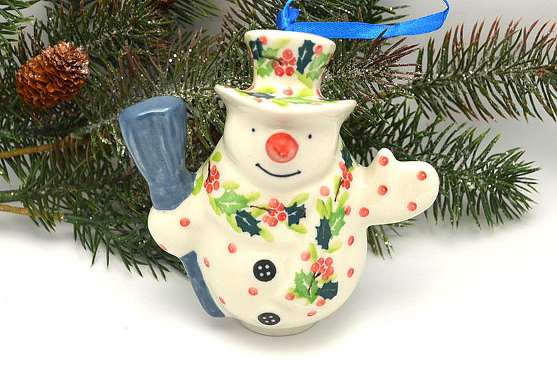 Ceramika Artystyczna Polish Pottery Ornament - Snowman - Christmas Holly F62-2541a (Ceramika Artystyczna)