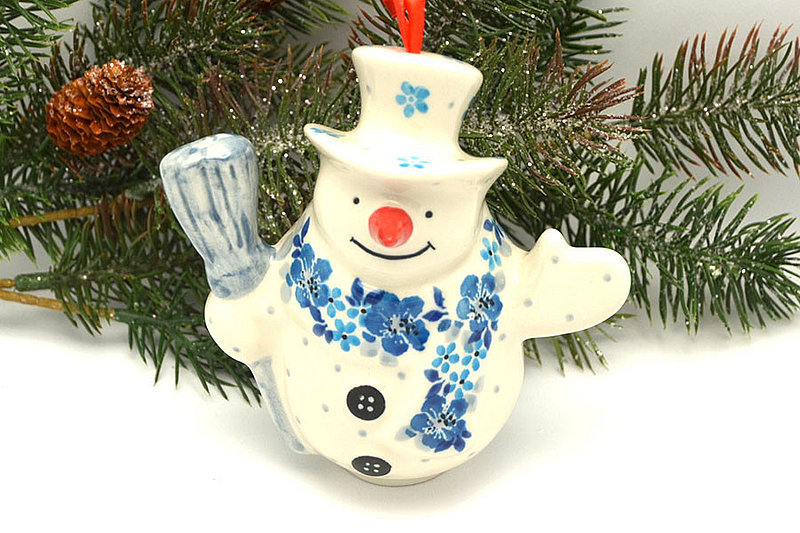 Polish Pottery Ornament - Snowman - Flax Flower