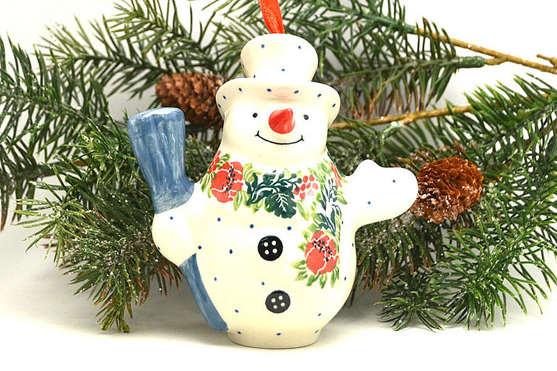Polish Pottery Ornament - Snowman with Broom - Garden Party