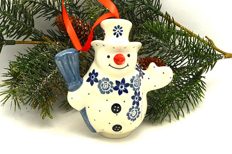 Ceramika Artystyczna Polish Pottery Ornament - Snowman with Broom - Silver Lace F61-1829a (Ceramika Artystyczna)