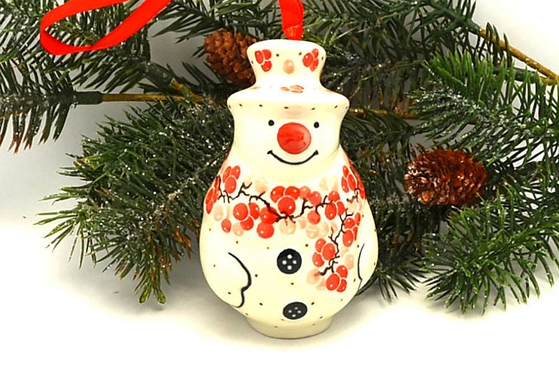 Polish Pottery Ornament - Standing Snowman - Pink Peppercorn