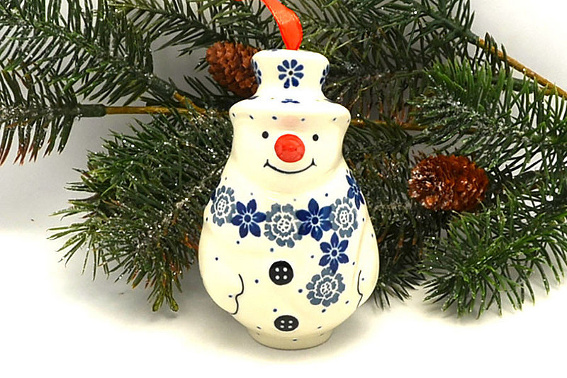 Polish Pottery Ornament - Standing Snowman - Silver Lace