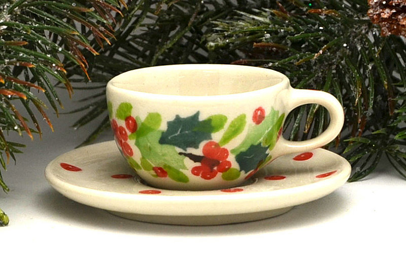 Ceramika Artystyczna Polish Pottery Ornament - Teacup & Saucer - Christmas Holly F89-2541a (Ceramika Artystyczna)