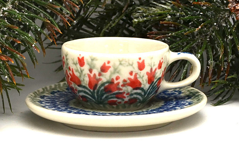 Polish Pottery Ornament - Teacup & Saucer - Crimson Bells