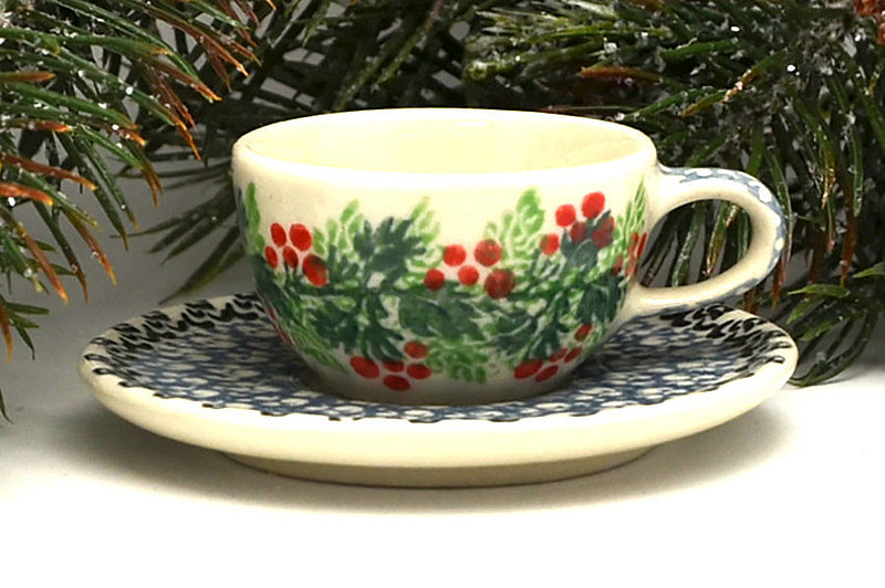 Ceramika Artystyczna Polish Pottery Ornament - Teacup & Saucer - Holly Berry F89-1734a (Ceramika Artystyczna)