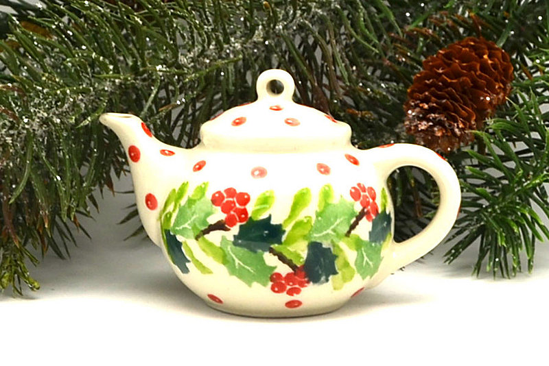 Ceramika Artystyczna Polish Pottery Ornament - Teapot - Christmas Holly F88-2541a (Ceramika Artystyczna)