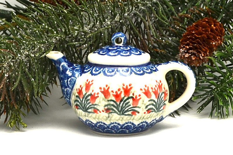 Polish Pottery Ornament - Teapot - Crimson Bells