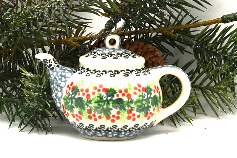 Ceramika Artystyczna Polish Pottery Ornament - Teapot - Holly Berry F88-1734a (Ceramika Artystyczna)