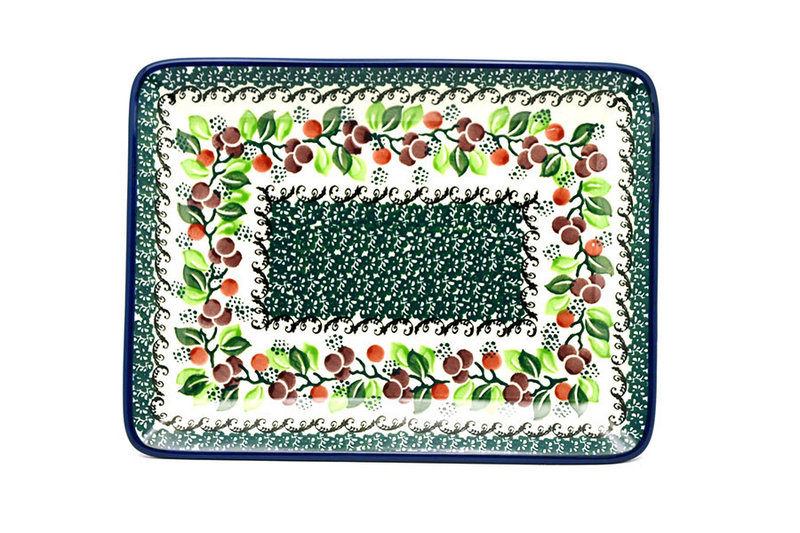 Ceramika Artystyczna Polish Pottery Plate - Rectangular - Burgundy Berry Green 111-1415a (Ceramika Artystyczna)
