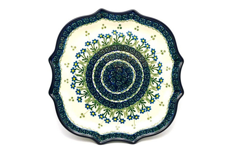 Polish Pottery Plate - Serpentine Edge - Blue Spring Daisy